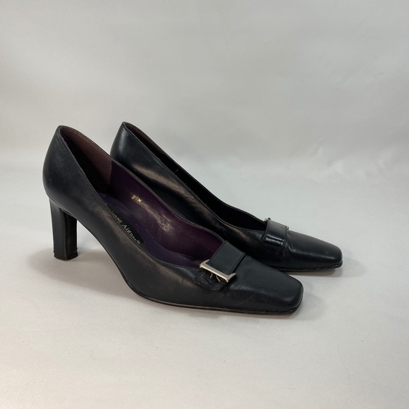 Aetienne Aigner Leather Cuddles Black Heels Pumps Square Toes Silver Buckle 8 M - Picture 2 of 9